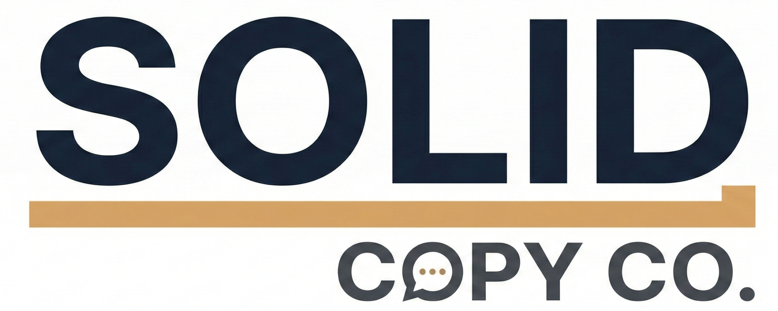Logo for Solid Copy Co. with the word “Solid” in bold navy blue and “Copy Co.” in charcoal gray, underlined by a thin muted gold line representing professionalism and stability.